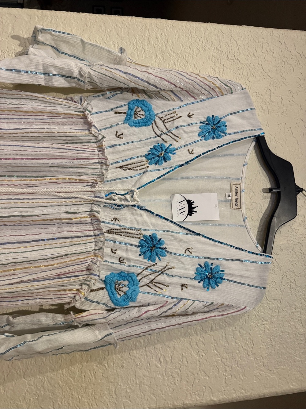 Ashley Taylor White Maxi Dress with Blue Floral Embroidery - Picture 4 of 7